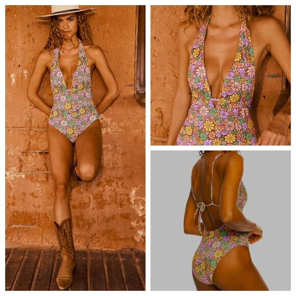 NEW Roxy All About Sol One Piece Swimsuit M Floral Plunge V Neck Hippie Retro - Picture 1 of 9